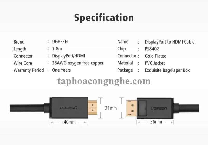 Ugreen 10203 3M Màu Đen Cáp chuyển đổi Displayport sang HDMI thuần đồng DP101 30010203